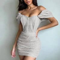 female clothessheath off shoulder short sleeve corset stitching mini dress pleated chest wrap shining bodycon dress club wear