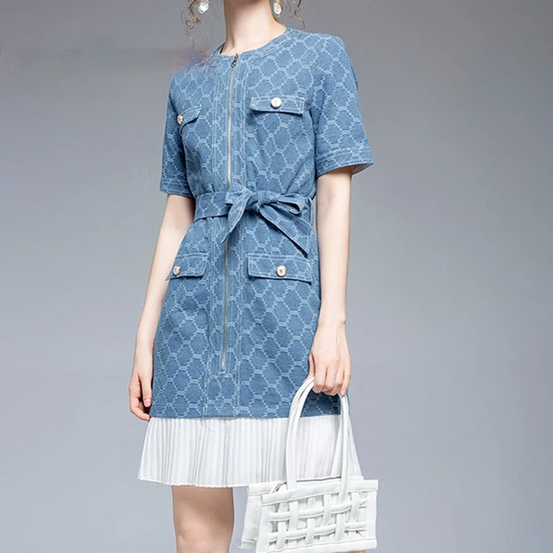 

Fashion Denim Dresses Spring Autumn Lace Up A-line Dress Women Party Elegant O Neck Button Ladies Lace Patchwork Dress Vestidos