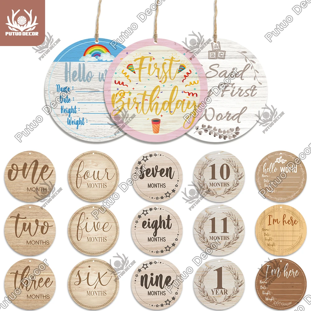 

Putuo Decor Newborn Baby Name Announcement Wooden Sign Hello World Wood Plaque Milestone Personalized Nursery Room Wall Decor