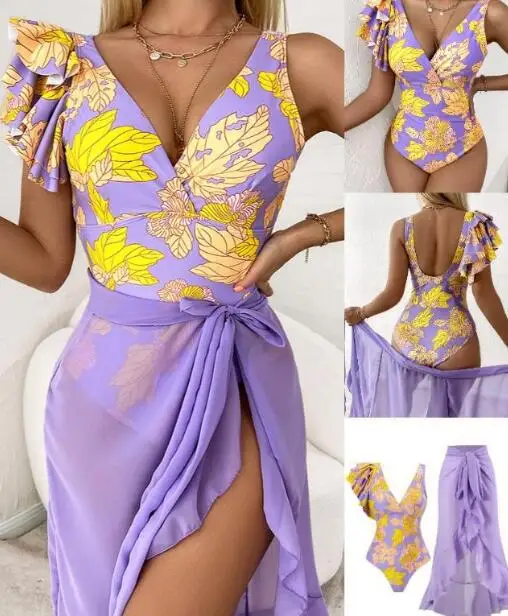 

Plants Print Ruffle Hem One-Piece Swimsuit With Cover Up Women Swim Wear Swimming Clothing Suit Bikini