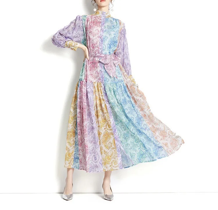 

2022 Spring Printed Stand Rainbow Lantern Sleeve Single Breasted Belt Full A-LINE Casual Flounced Edge Dresses for Women