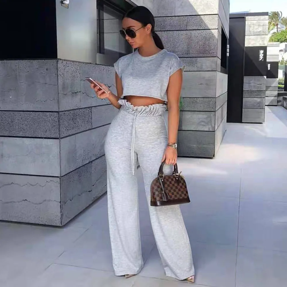 

Summer Fashion Round Neck Short Sleeve Short T-Shirt Top High Waist Wide Leg Pants Solid Color Casual Women's Two-piece Suit