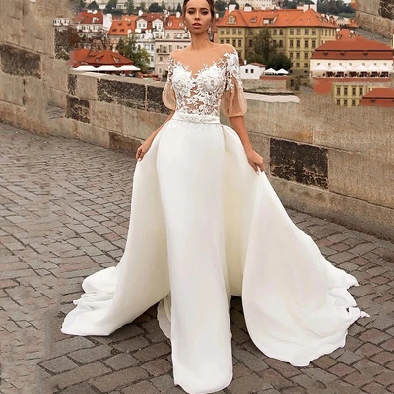 

Sexy Mermaid Wedding Dresses Women Tulle Appliqued Puff Sleeves Bridal Bride Gowns Detachable Train Robe De Mariée