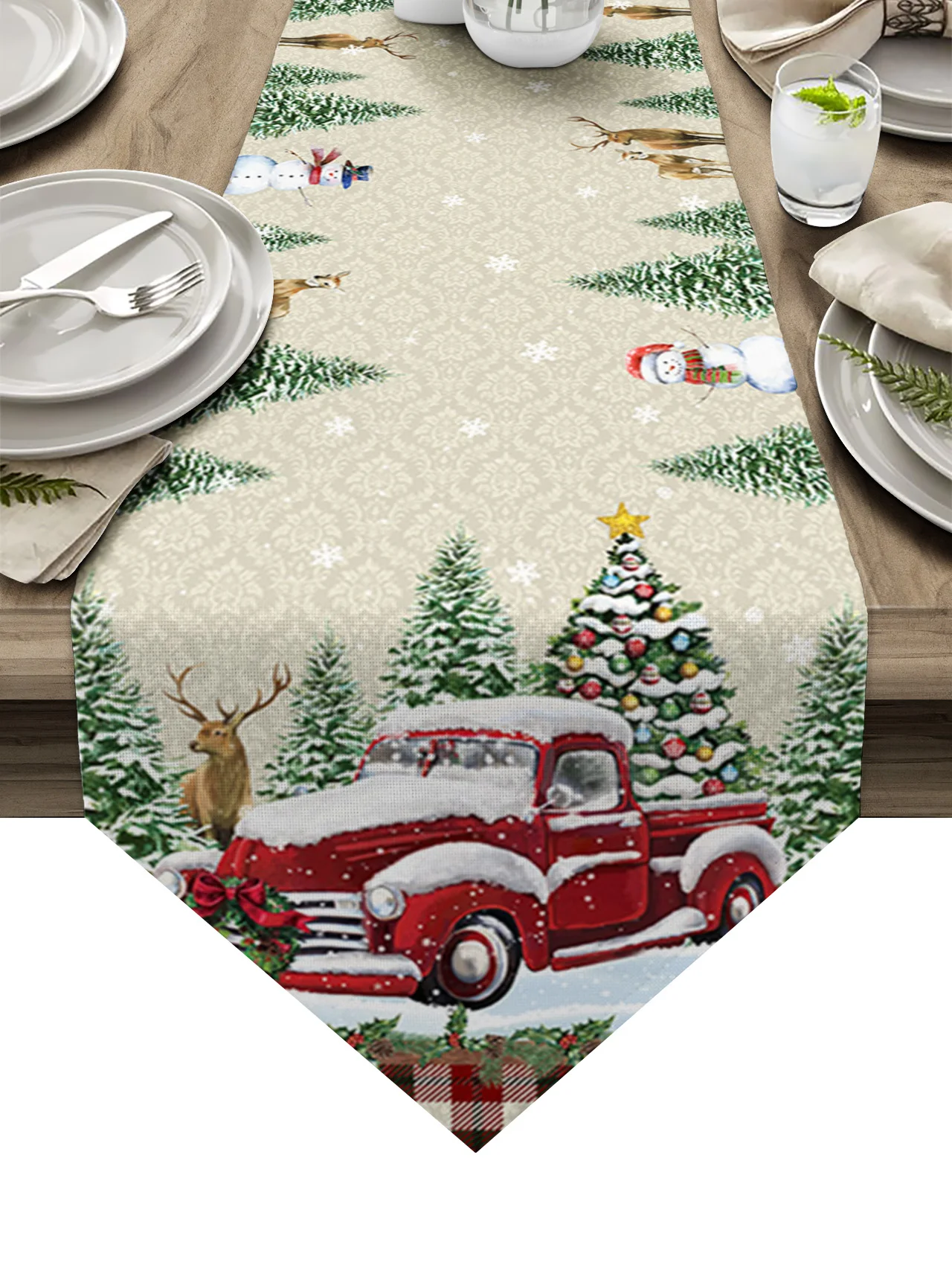

Christmas Truck Elk Fir Tree Berries Table Runner Wedding Party Decor Tablecloth Holiday Kitchen Table Decor Table Runner
