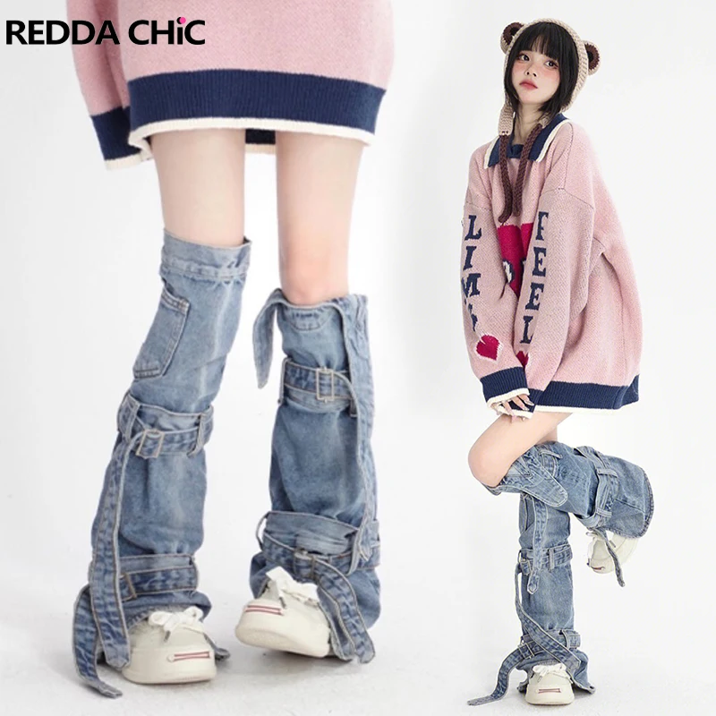 REDDACHiC Acubi Fashion Y2k Leg Warmers Women Streetwear Bandage Denim Boots Cover Long Knee-high Socks Women's Gaiter Japanese