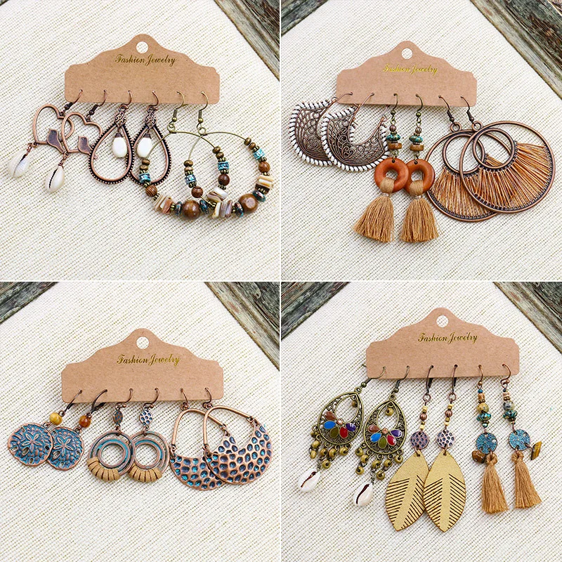 

Combo Earring Vintage Ethnic Boho Geometric Fringe Women's Earrings Wholesale 3 Pairs Earrings Set Women Jewelry Accessories