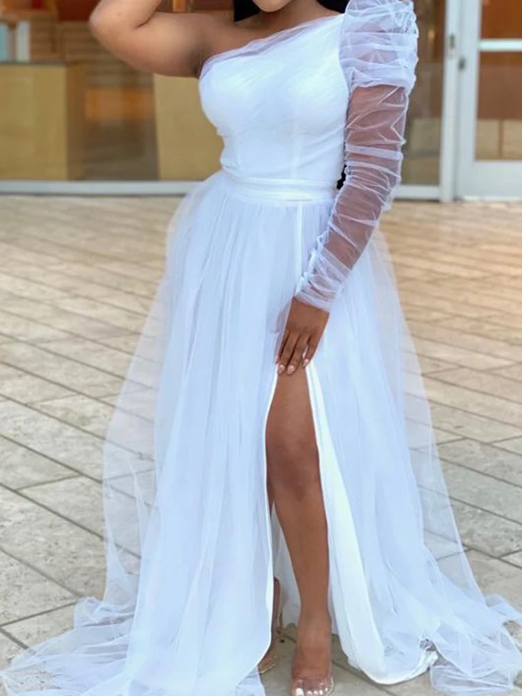 

Plus Size Dresses Women One Shoulder Mesh Sleeve White Blue Tulle High Slit Birthday Evening Party Gowns Outfits for Ladies 5XL