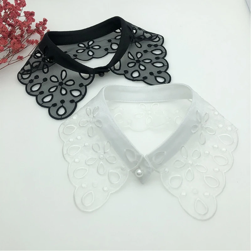 

Hollow Floral Lace Lapel Fake Collar Necklace Dickey Scalloped Button Half Shirt