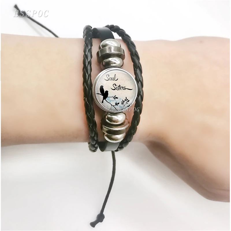 

Soul Sisters Friendship Jewelry Bracelet , DIY Glass Cabochon Black Leather Bracelet , Fashion Jewelry Birthday Gift
