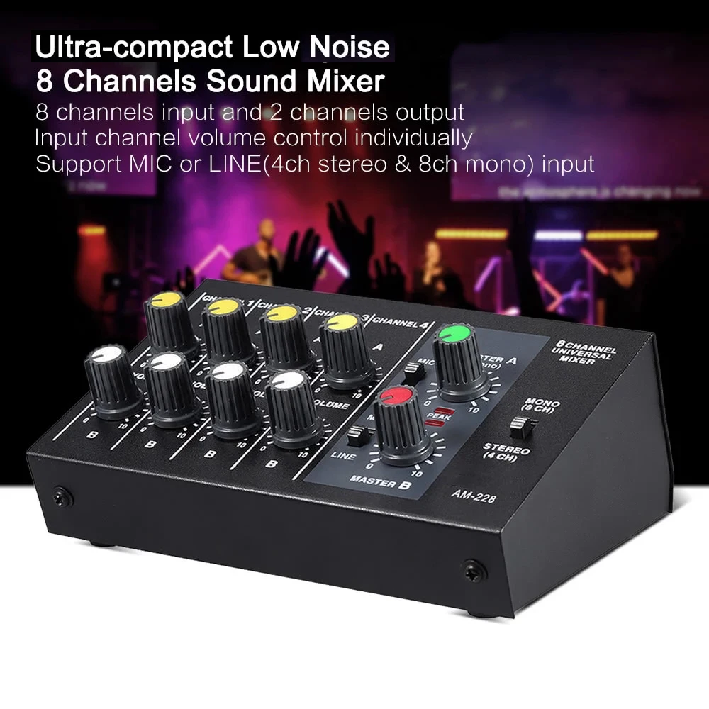 

8 Channels Audio Sound Mixer AM-228 DJ Equipment Ultra-compact Low Noise Metal Mono Stereo with Power Adapter Cable Audio Mixer