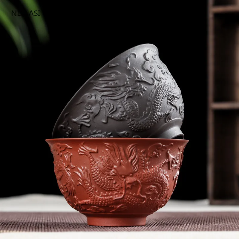Zisha Bowl Handmade Tea Set Tea Bowl Chinese Style Dragon Pattern Ceramic Clay Kettle Gift Birthday Present Decorations