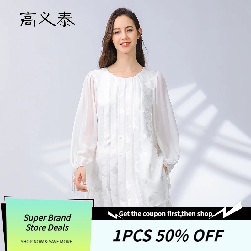 

100% Silk Jacquard Crew Neck Panel Georgette Silk Balloon Sleeves Woman Tshirts Accordion Pleated Loose White T-shirt BY185