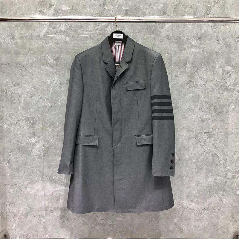 

THOM Overcoat Autumn Winter Men's Jackets Fashion Brand Slim Gray Blazers Coats Black 4-Bar Stripe Long TB Suit Coat