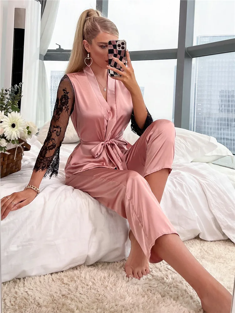 

Women's Lace Sleepwear Suit Satin Elegant Pajamas Set Sleeve Top and Long Pant Sexy Comfy Loungewear