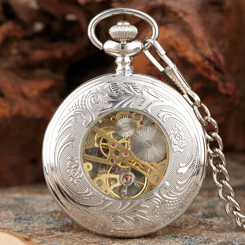Silver Roman Numerals Dial Hand Winding Mechanical Pocket Watch Hollow Flower Display Elegant Vintage Fob Chain Manual Clock