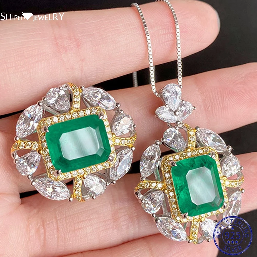 

Shipei Bohemia 100% 925 Sterling Silver 10*12 MM Created Moissanite Emerald Gemstone Pendant/Necklace/Ring Jewelry Set Wholesale