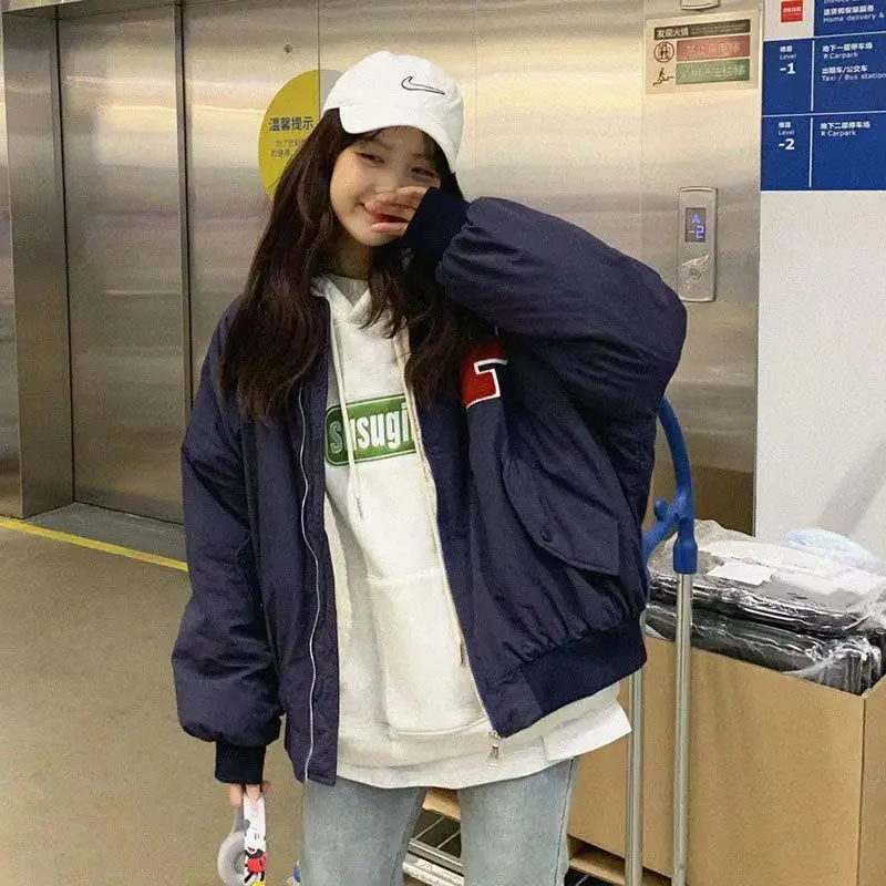 Куртка-бомбер женская оверсайз из овечьей шерсти в Корейском стиле