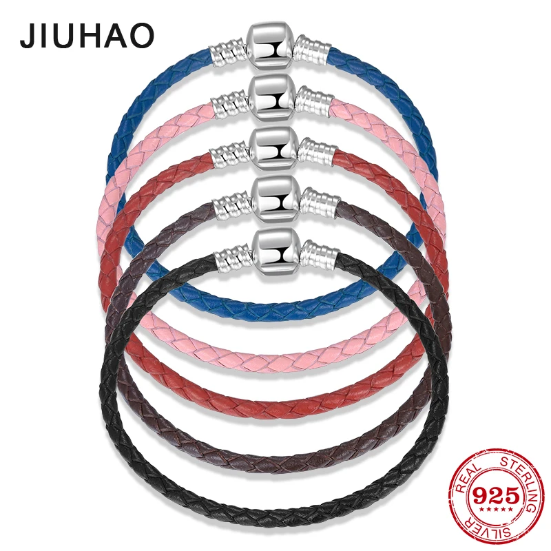 

100% Genuine Brown Leather Rope Bracelets 925 Sterling Silver Women Weave Snake Charms Chain Jewelry Rope Bracelets Diy
