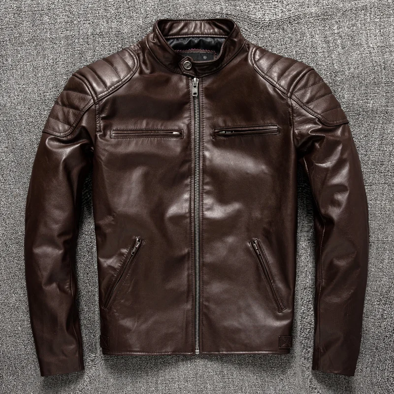 Мужская байкерская куртка из 100% натуральной овечьей шкуры коричневая