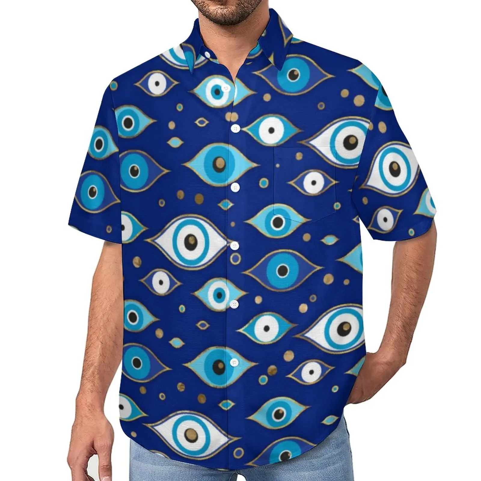 Blue Evil Eye Loose Shirt Men Vacation Greek Mati Mataki Casual Shirts Summer Printed Short Sleeves Cool Oversized Blouses