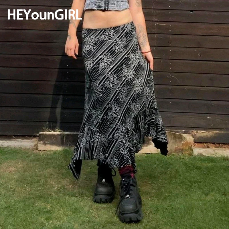 

Женская винтажная юбка в полоску HEYounGIRL, черная свободная трапециевидная юбка с заниженной талией и принтом роз, Y2K, женская одежда в стиле 1920-х