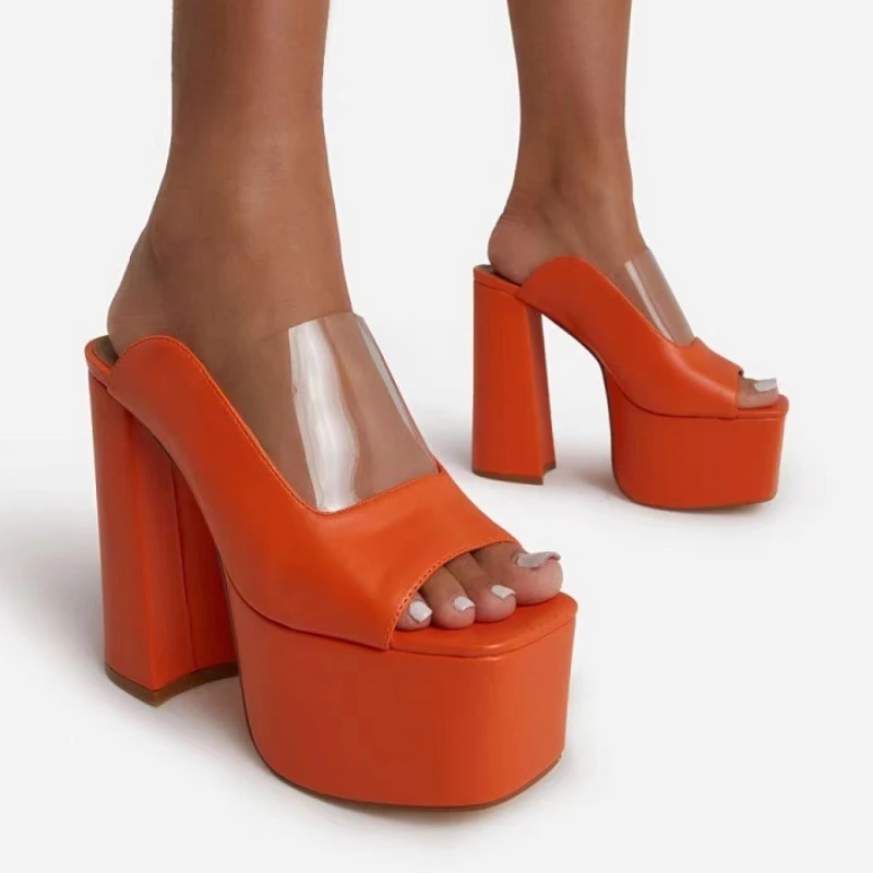

Women Orange Heels Summer Transparent Square Toe Thick-Soled Sandals Fish Mouth Slippers Platform Shoes Sandalias De Mujer 2022