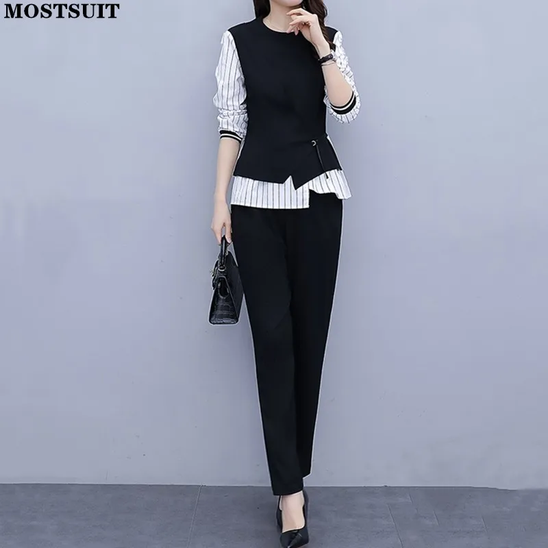

2022 Spring Women Pant Sets Striped Patchwork Tops & Pants Workwear Fashion Elegant Ladies Two Piece Pant Sets Femme