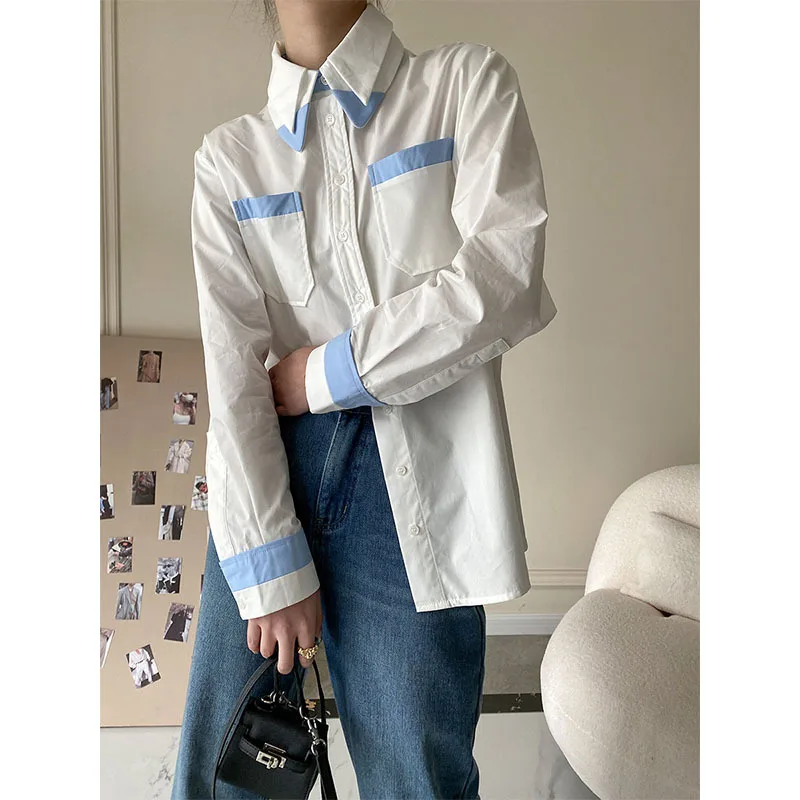 

Refreshing Blue and White Contrasting Color Long-sleeved Shirt Women's Design Sense Layered 2022 Spring and Autumn New Tops