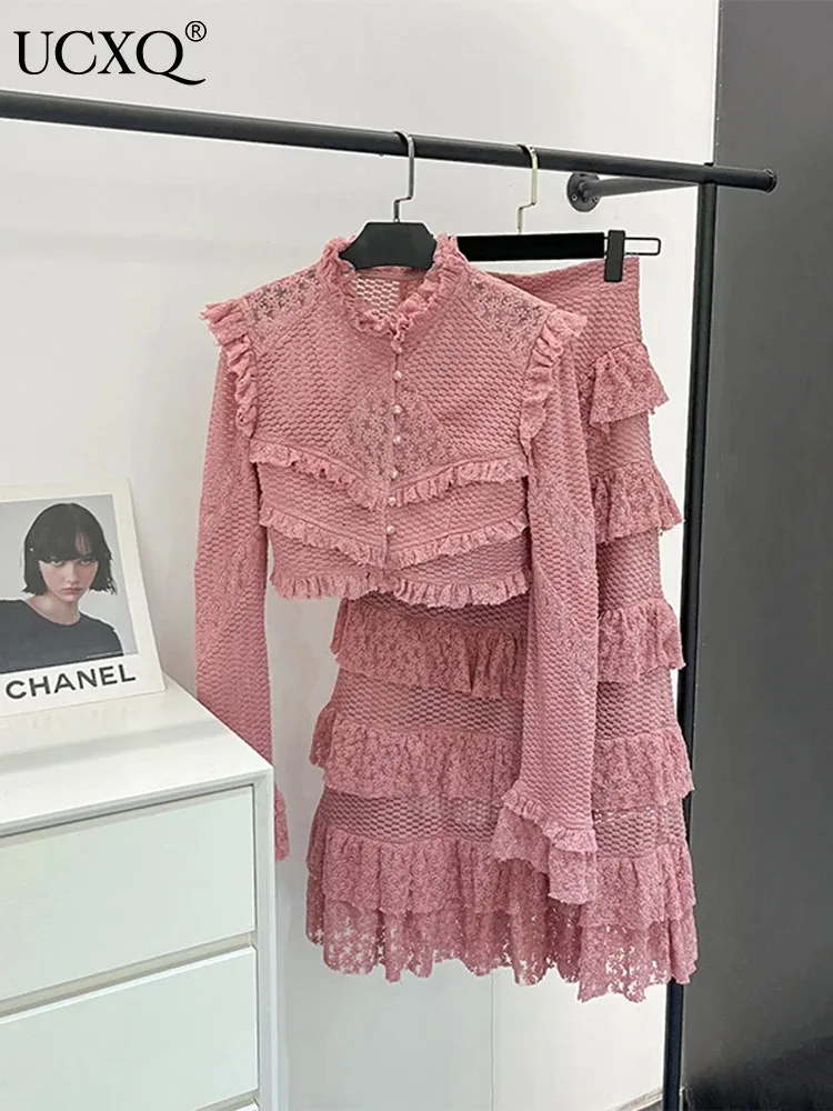 

UCXQ милый женский розовый комплект из двух предметов рубашка с длинным рукавом гриб с высокой талией трапециевидная юбка 2023 Осень Зима Новинка 23A5487