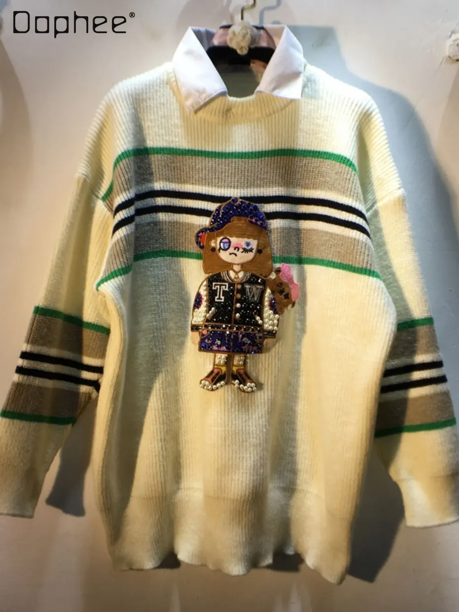 

Autumn Winter New Shirt Collar Stitching Long Sleeve Striped Knitted Women's Cartoon Diamond Beaded Embroidery Loose Sweater