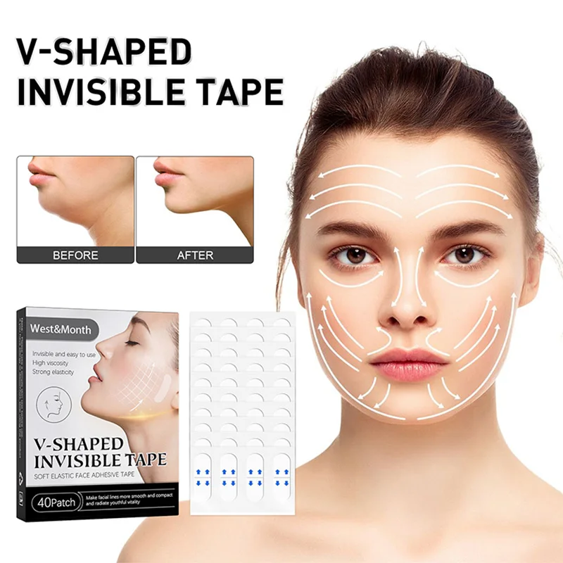

40 Pcs V-Shaped Invisible Tape Facial Label Adhesive Tape Thin Face Lift Up Stickers Anti-Wrinkle Unisex Waterproof Transparent