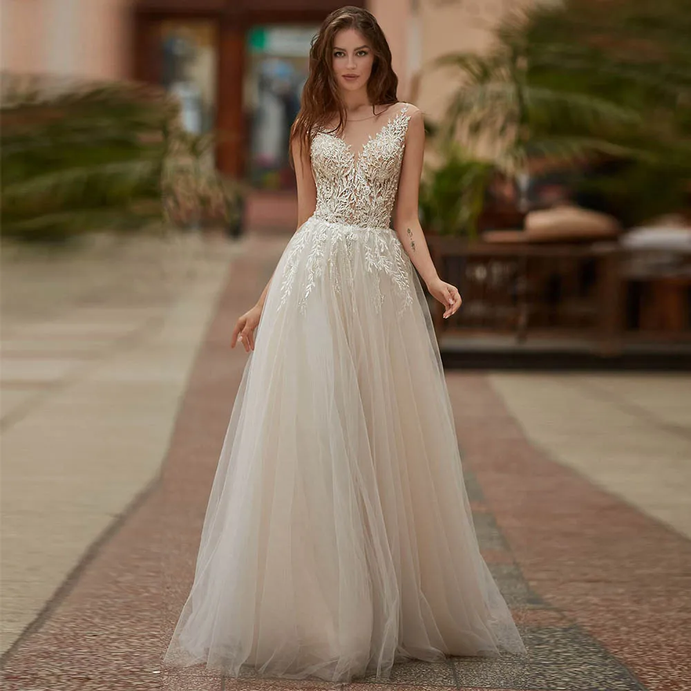 

Glitter Wedding Dress Illusion Scoop Applique Buttons Sexy Bridal Dresses A Line Sleeveless Sweep Train Sparkly Wedding Gowns