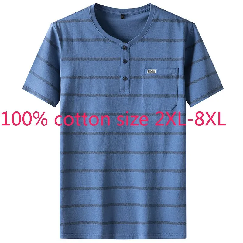 

New Arrival Suepr Lagre Summer Young Men Fashion Casual Stripe Short Sleeve Pure Cotton V-neck T-shirt Size 2XL-5XL 6XL 7XL 8XL