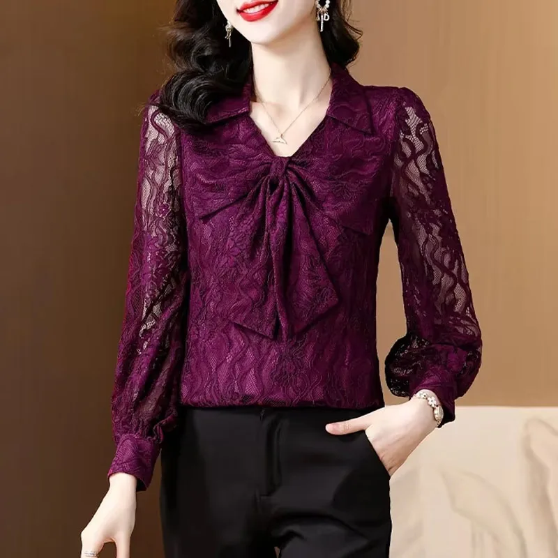 Новая кружевная женская блузка с отложным воротником и бантом длинным рукавом