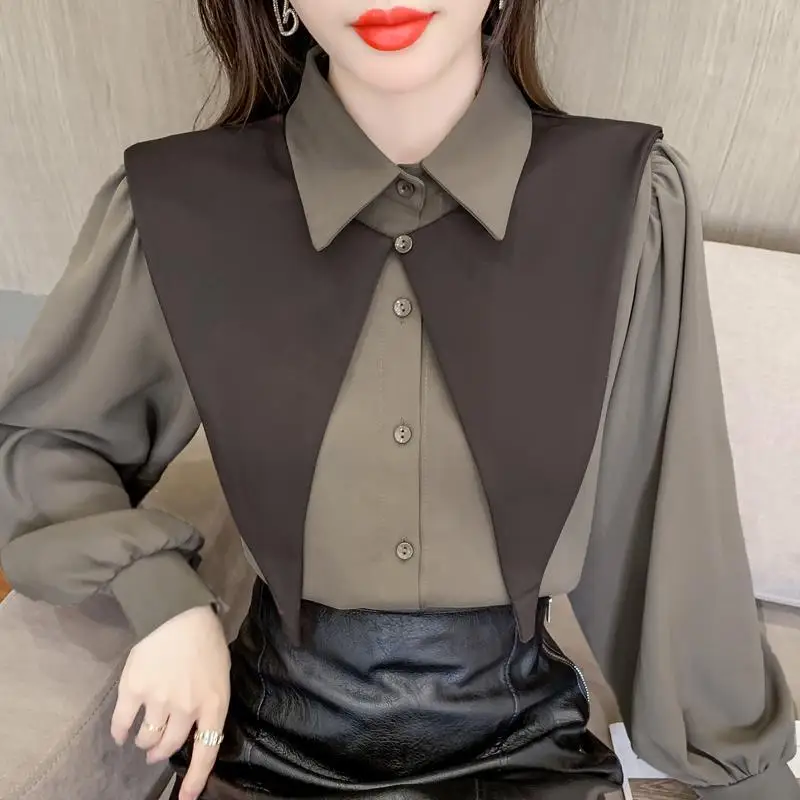 

2022 Spring Autumn New French Retro Western Long Sleeve Shirt Solid Color Casual Work OL Blouse Tops Mujer H202