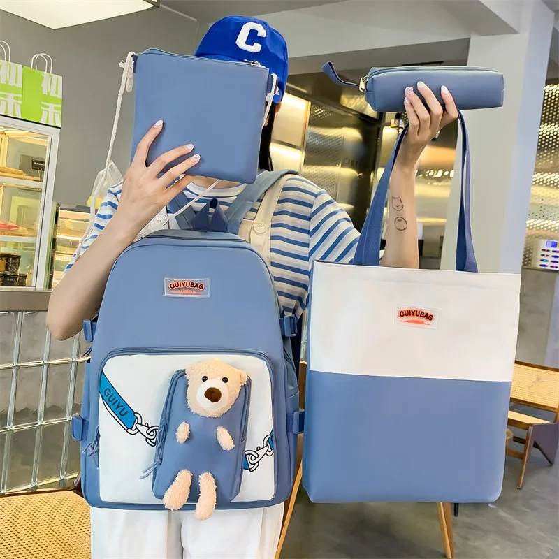 

Нейлоновый женский рюкзак 4 в 1, школьный ранец с милым медведем для девочек, вместительные многофункциональные дорожные рюкзаки