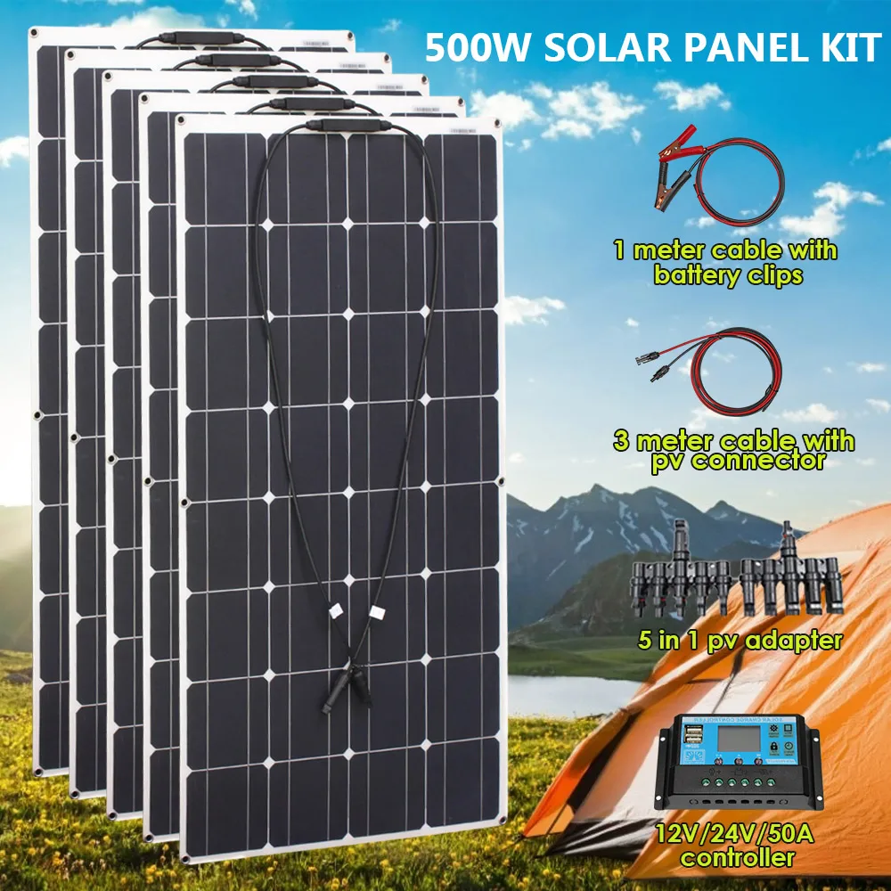 

500w 600w 400w 300w 200w 100w Solar Panel de Complete Energy Kit Photovoltaic Flexible Portable Set Battery Motorhome Charger