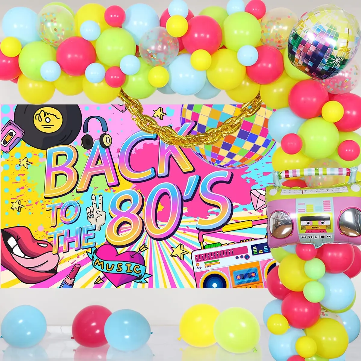 Back To 80s Hip Hop Disco Party Decoration with Backdrop Radio Boombox Foil Balloon for 80s Themed Retro Birthday Party Supplies