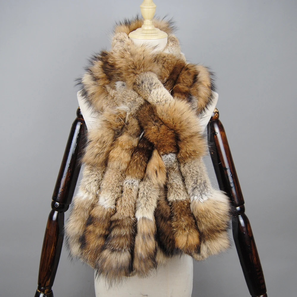 Зимний вязаный шарф из меха кролика рекс с серебряным лисьим мехом женские