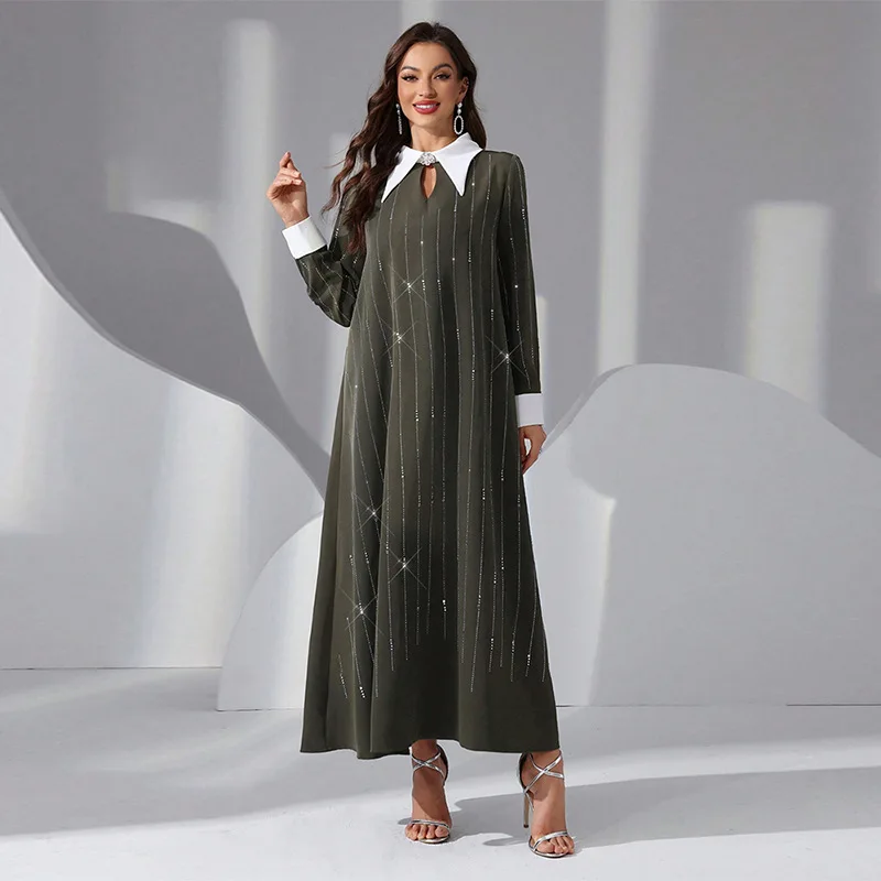 Фото SuperAen Elegant Long Sleeve Dress Fashion Hot Diamond Contrast Colour Neckline Long Dress №1