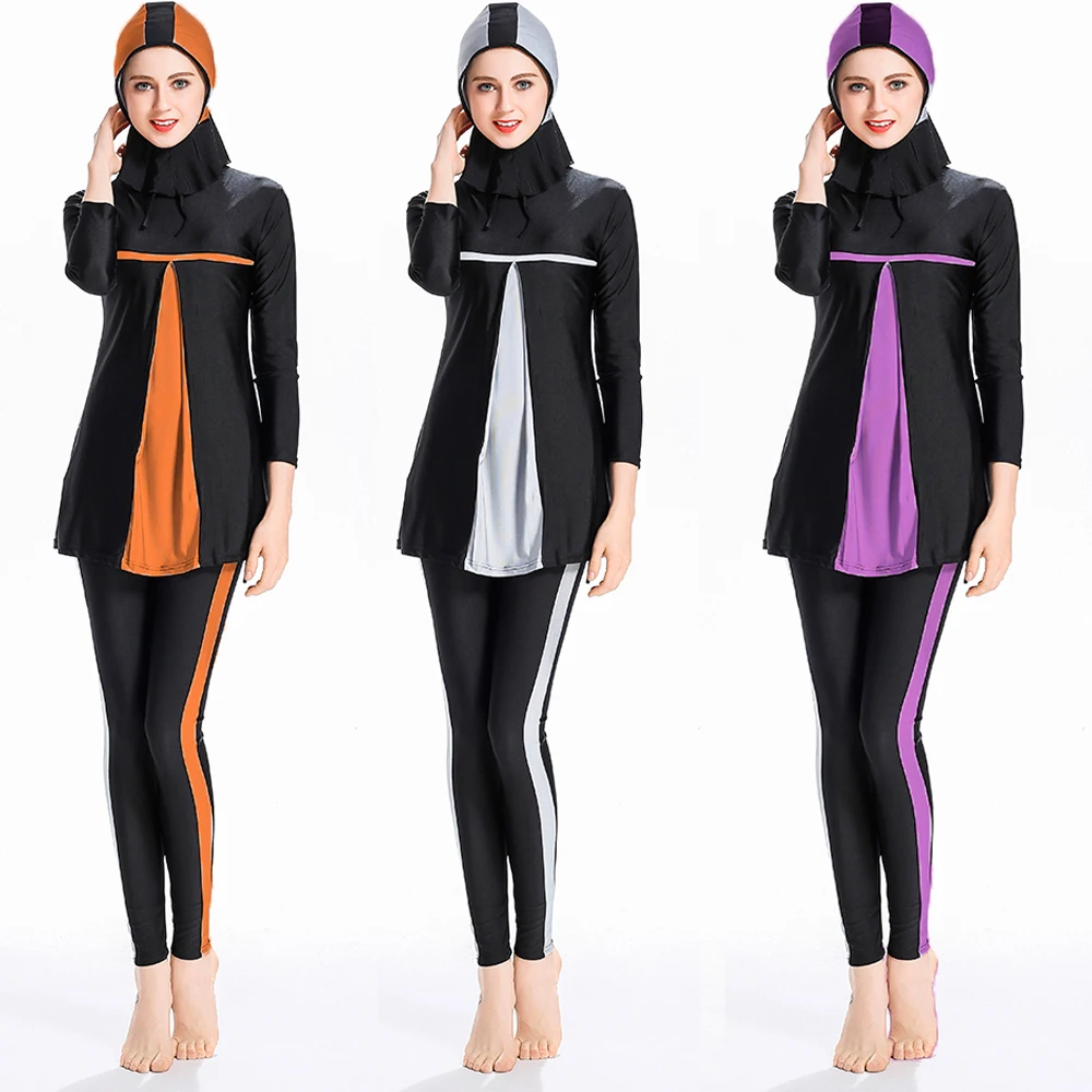

2022 New Islamic Female Muslim Swimsuit Long Sleeves Plain Clothing Modest Swimwear Burkini With Hijab Swimming Suit For Women
