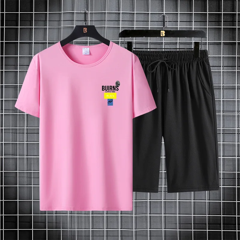 Summer Fashion  Men's Knitted Ice Silk T-Shirt  Sleeved Shorts Ttwo-Piece Quick Drying Breathable Trend Handsome Comfortable Set