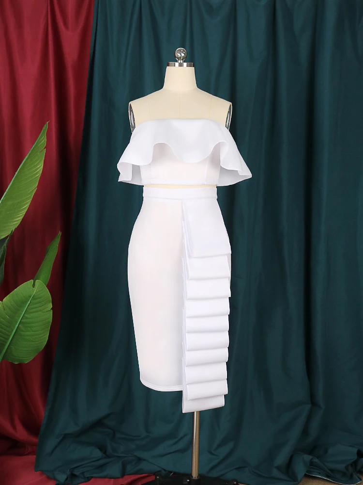 Women 2 Piece Sets Crop Tops Skirts Sexy Dinner Ruffles Off Shoulder Slim Jupes 2022 Fashion New Summer Backless Party Wear Suit