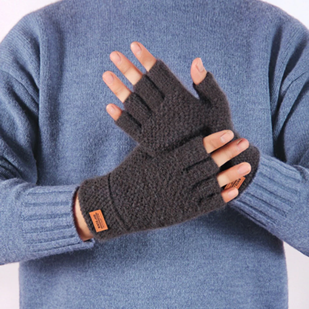 Winter Fingerless Gloves For Women Men Thick Elastic Knitted Alpaca Wool Warm Half Finger Mittens Outdoor Driving Gloves Unisex images - 6