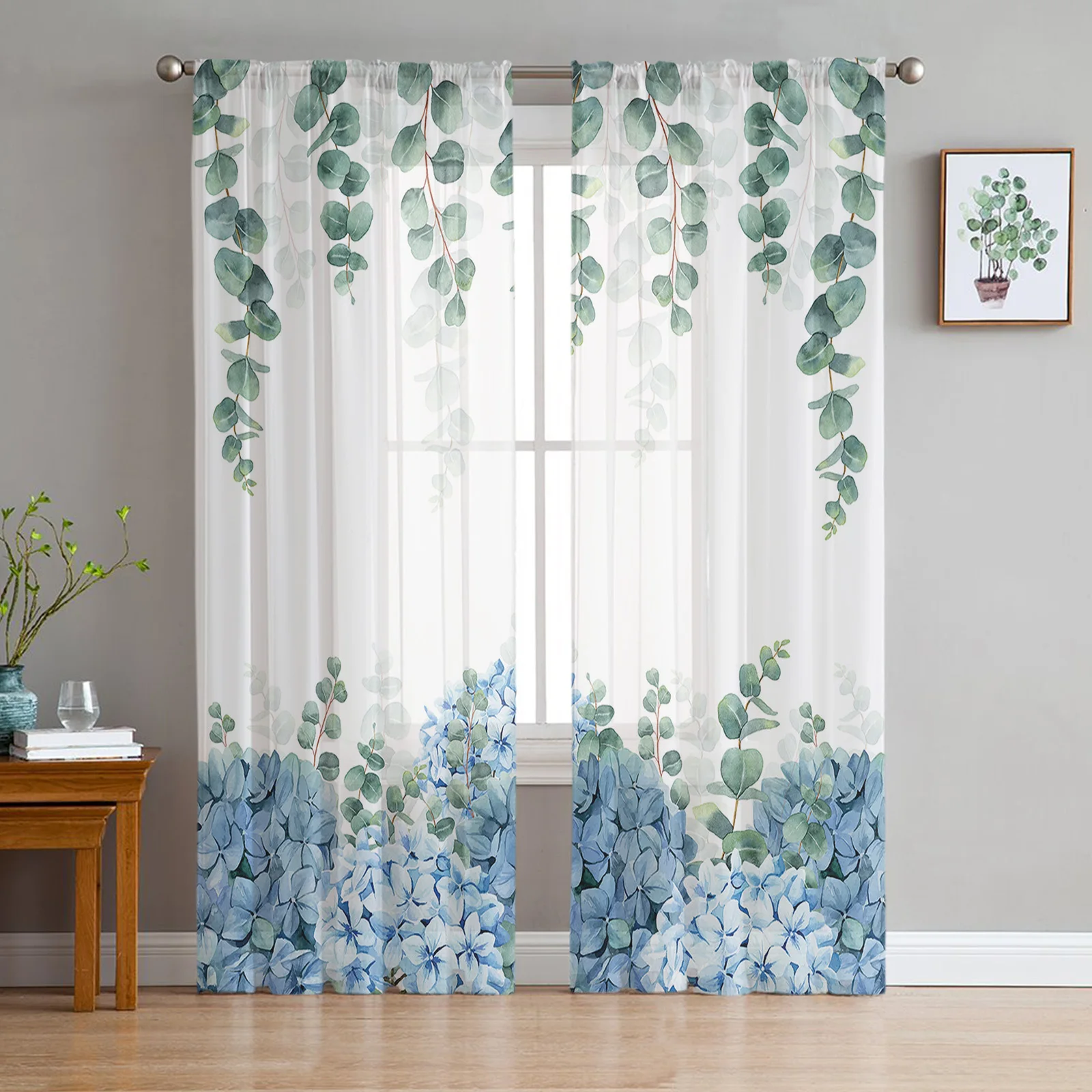 

Eucalyptus Leaves Hydrangea Flower Sheer Curtains for Living Room Bedroom Tulle Curtain for Kitchen Home Decor Window Drapes