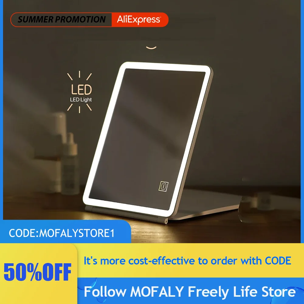

Desktop dressing rechargeable portable mirror with light fill light mirror led light travel folding makeup mirror aluminum