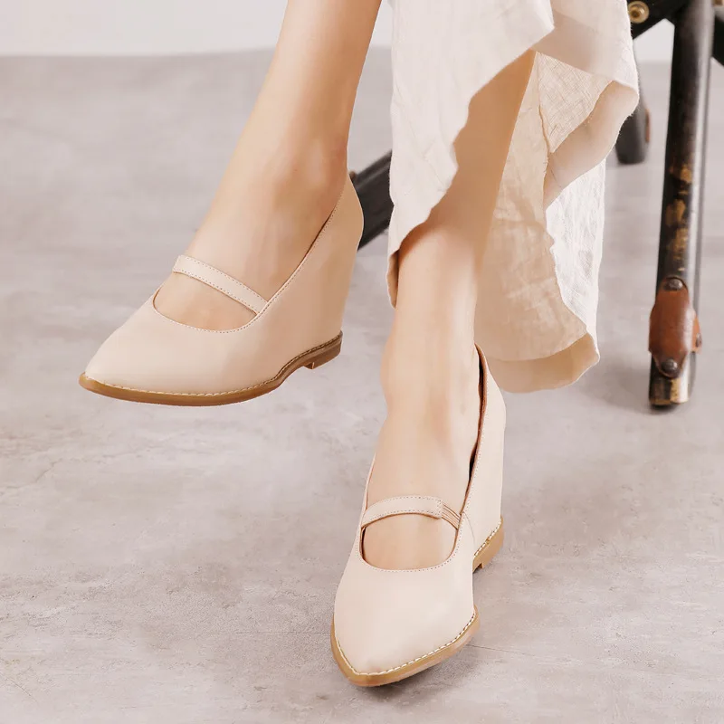 

Mary Jane Leather Shoes Women Girls High Heels Wedge Genuine Leather Pumps Women Handmade Retro Brand Shoe For Women 2022