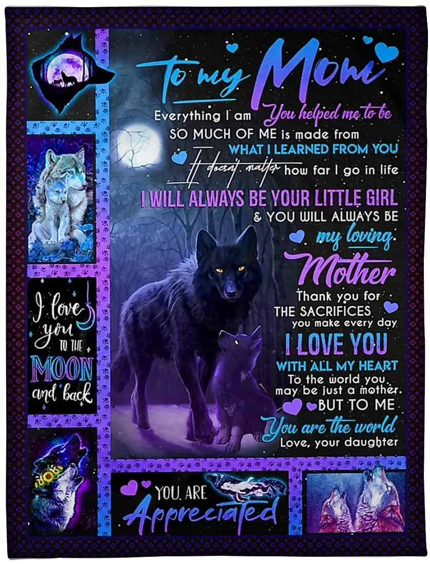 

Personalized to My Mom Fleece Blanket from Daughter Print Wolf Family Sweet Message I Love You to The Moon and Back Customized