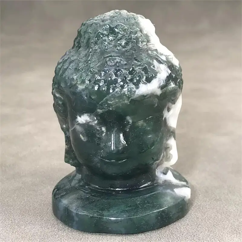 

Natural Crystals Gemstone Moss Agate Buddha Head Carved Reiki Healing Statues For Home Decoration Healing Gift 1pcs