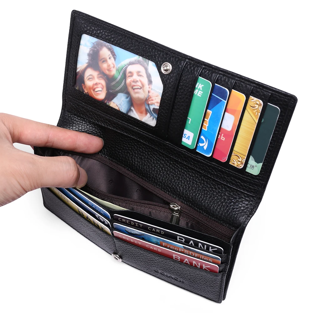 Genuine Leather Long Women Thin Wallets Large Capacity Female Coin Purses Hasp Clutch ID Credit Multi-Card Holder Money Bag Clip